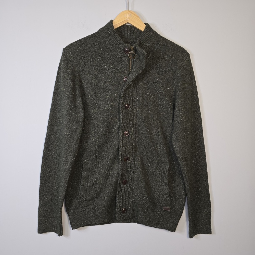 Barbour Essential Knit Cardigan Sweater Wool Blend Zip Button Sz L Mens Seaweed